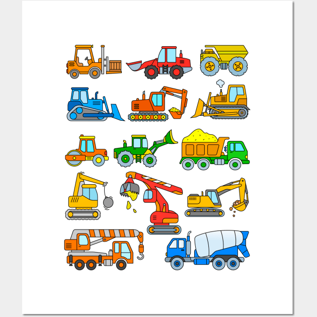 Excavator Dump Truck Dozer Concrete Mixer Construction Vehicles Wall Art by samshirts